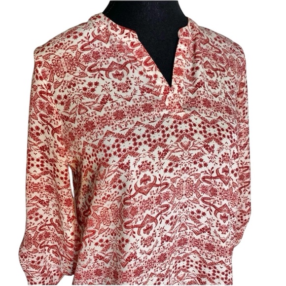 Pink Rose Tops - PINK ROSE Flowy 3/4 Length Sleeve V Neck Blouse Floral Red White Size Small